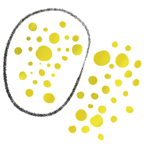 A large black circle with some yellow dots inside, and about the number outside.